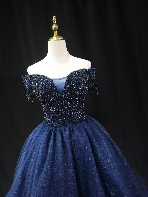 Gothic Royal Blue Off-Shoulder Short Wedding Party Dress - Designer Sequin Gown - Corset Back Wedding Dress Plus Size